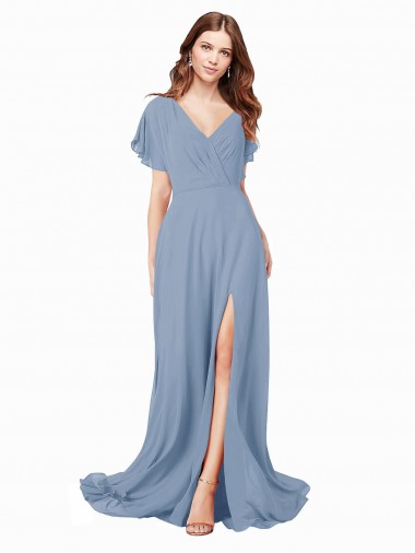 Chiffon Prom Dress with Flutter Sleeves and Front Slit UK for Sale