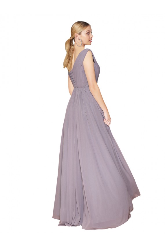 Draped Floor Length High Neck V-Back Chiffon Prom Dress with Shirred Bodice UK for Sale