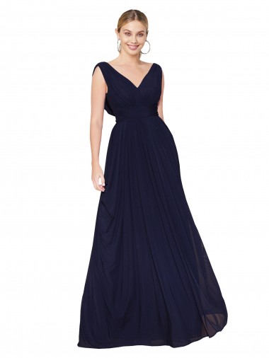 Draped Long V-Neck Floor Length Chiffon Prom Dress UK for Sale