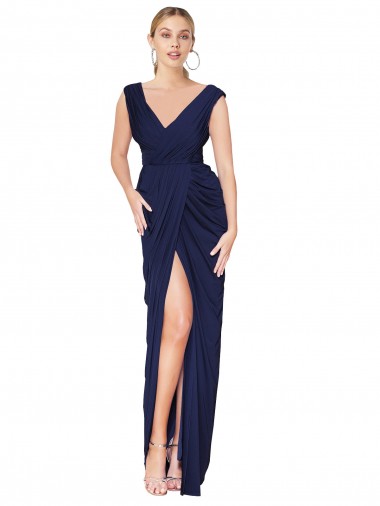 Draped V-Neck Long Chiffon Prom Dress with Front Slit UK for Sale