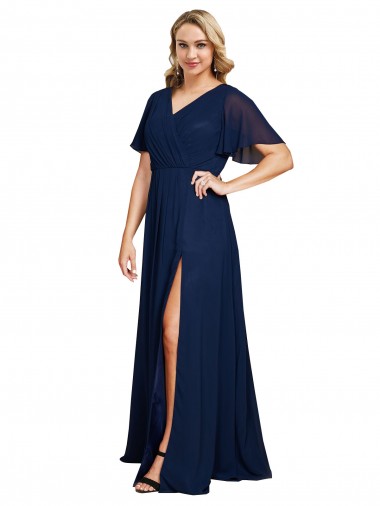 Chiffon V-Neck Short Sleeves Long Prom Dress with High Slit UK for Sale