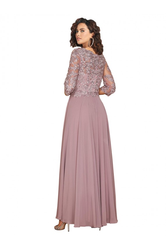 Hand-Beaded Bodice V-Neckline Long Sleeves Chiffon Prom Dress UK for Sale