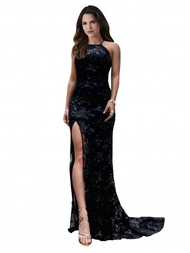 High Neckline Lace Open Back Prom Dress with High Slit UK for Sale