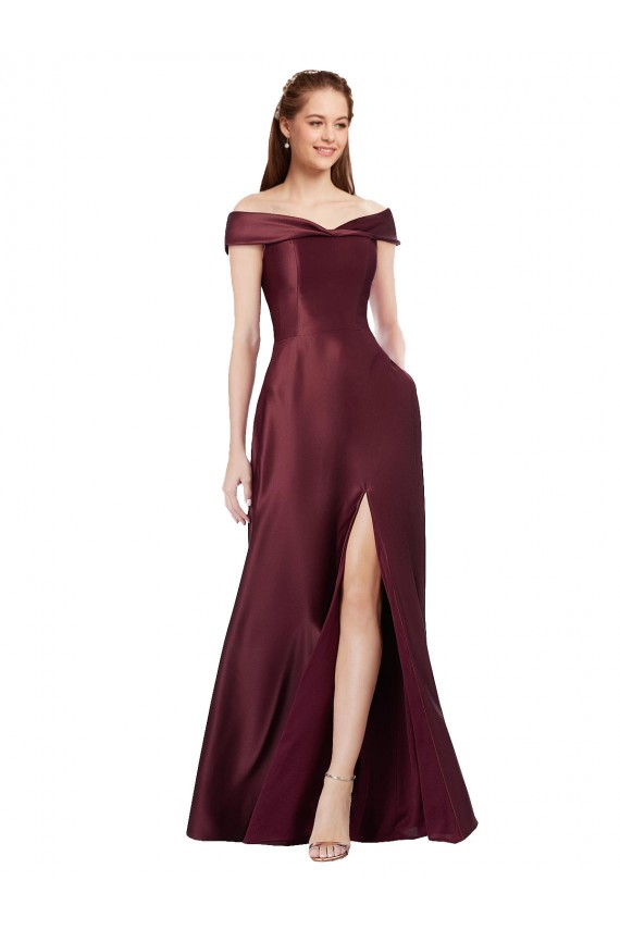 Long Off the Shoulder Satin Prom Dress with Thigh-high Slit UK for Sale