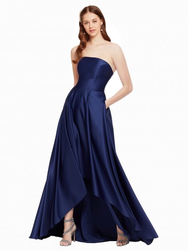 High Low Strapless Satin Prom Dress with Pockets UK for Sale