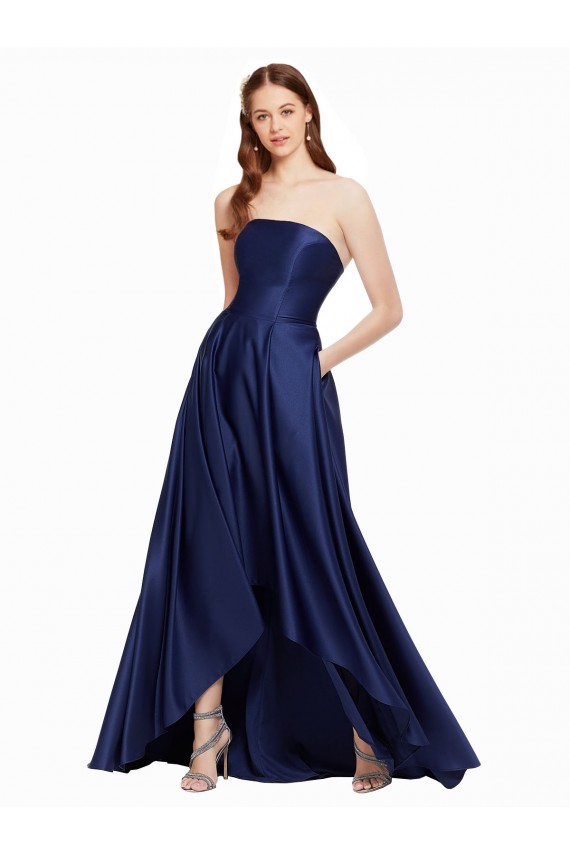 High Low Strapless Satin Prom Dress with Pockets UK for Sale