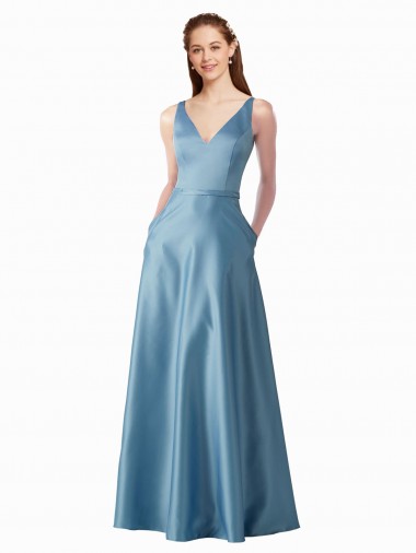 Classic Satin V-Neck A-Line Prom Dress with Pockets UK for Sale