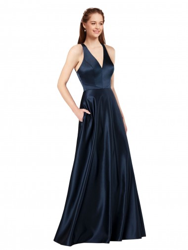 Long Satin Prom Dress with Halter Neckline UK for Sale