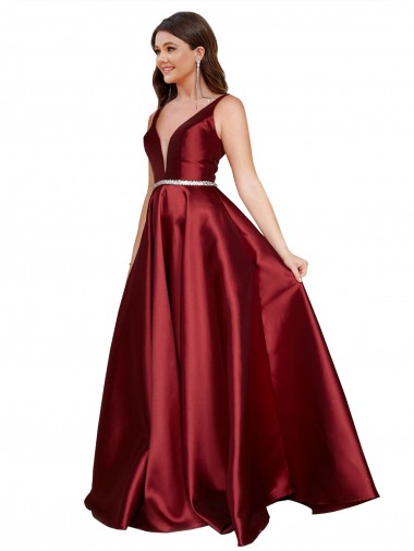 Sleeveless Deep V-Neck A-Line Satin Prom Dress with Pockets UK for Sale