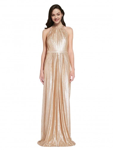 Floor Length Halter Neck Sparkling Sequin Prom Dress with Pleats UK for Sale