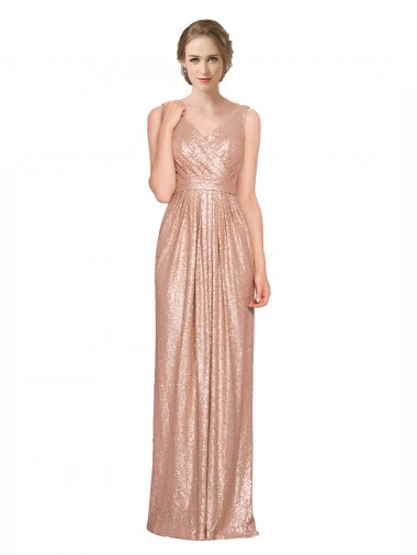 Draped V-Neck Striking Sheath Floor Length Sequin Prom Dress UK for Sale