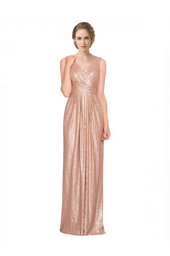 Draped V-Neck Striking Sheath Floor Length Sequin Prom Dress UK for Sale