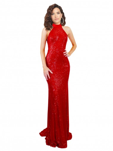 Halter High Neck Mermaid Open Back Sequin Prom Dress UK for Sale