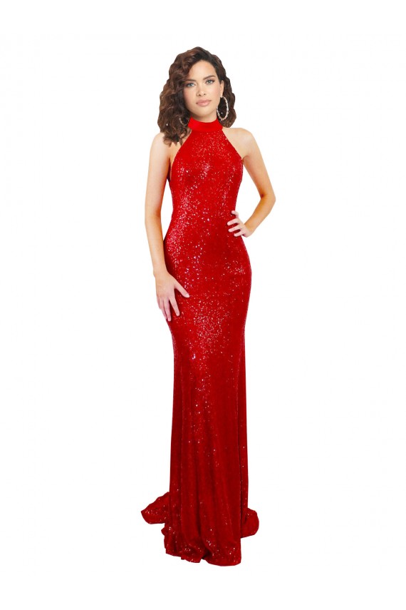 Halter High Neck Mermaid Open Back Sequin Prom Dress UK for Sale