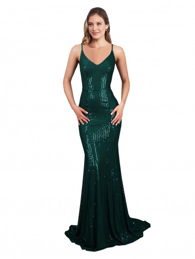 Fishtail Shaped V-Neck Open Back Long Sequin Prom Dress UK for Sale