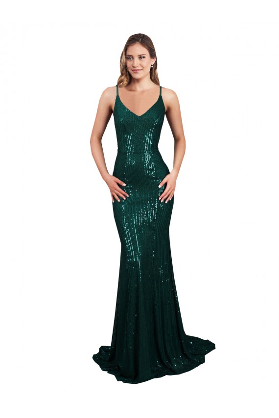 Fishtail Shaped V-Neck Open Back Long Sequin Prom Dress UK for Sale