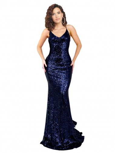 Mermaid V-Neck Low Back Long Sequin Prom Dress UK for Sale