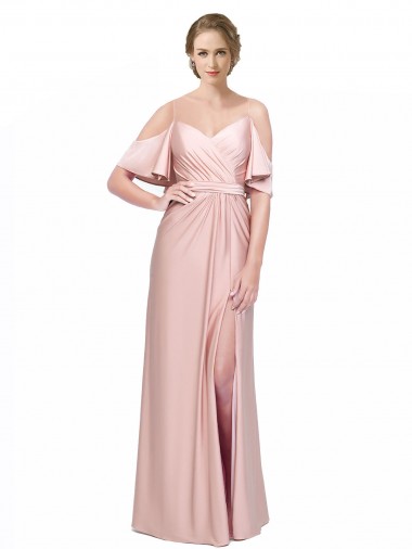 Draped Cold Shoulder Sleeves Long Silky Satin Prom Dress with Slit and Tie Back UK for Sale