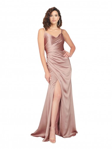 Floor Length Silky Satin Prom Dress with Front Skirt Slit UK for Sale