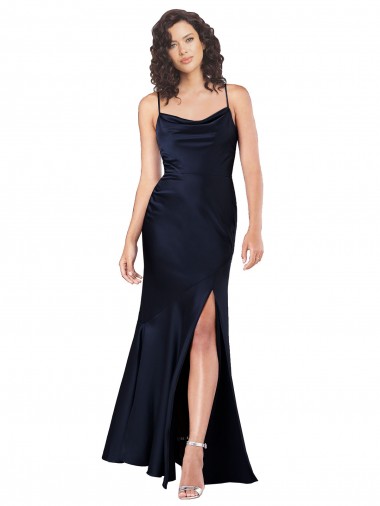 Draped Cowl Neck Silky Satin Prom Dress with Skirt Slit UK for Sale