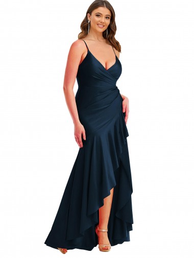 Pleated Wrap Ruffled High Low Silky Satin Prom Dress UK for Sale