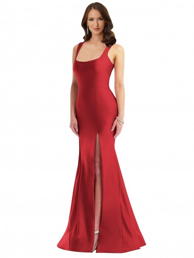 Square Neck Silky Satin Mermaid Prom Dress with Side Slit UK for Sale