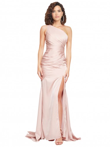 Full Length One Shoulder Long Silky Satin Prom Dress with High Split UK for Sale