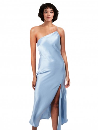 Midi Length Short Silky Satin Cocktail Prom Dress / Homecoming Dress with Asymmetric Neckline and High Side Split UK for Sale