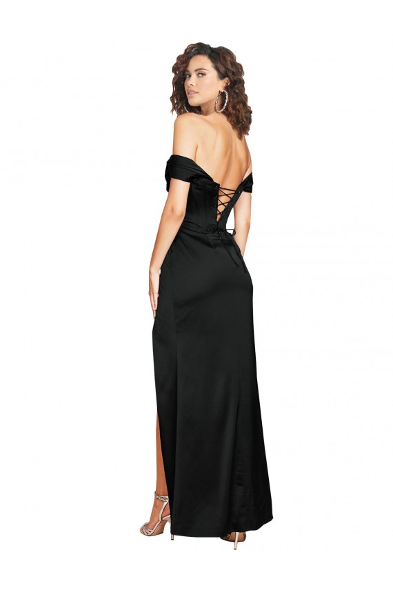 Fitted Sweetheart Neckline Silky Satin Prom Dress with Off the Shoulder Sleeves and High Slit UK for Sale