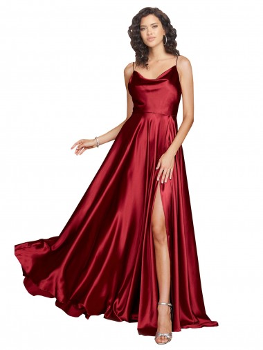 Cowl Neckline Long Silky Satin Prom Dress with Spaghetti Straps UK for Sale