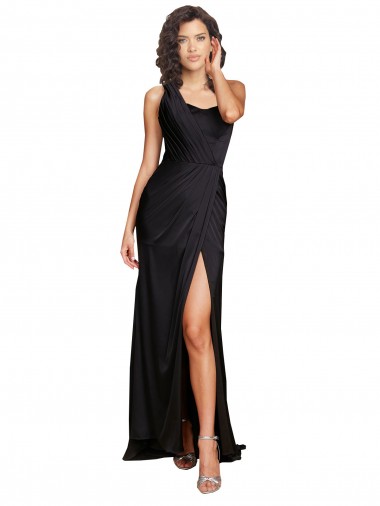 Full Length One Shoulder Ruffled Long Silky Satin Prom Dress with High Slit UK for Sale