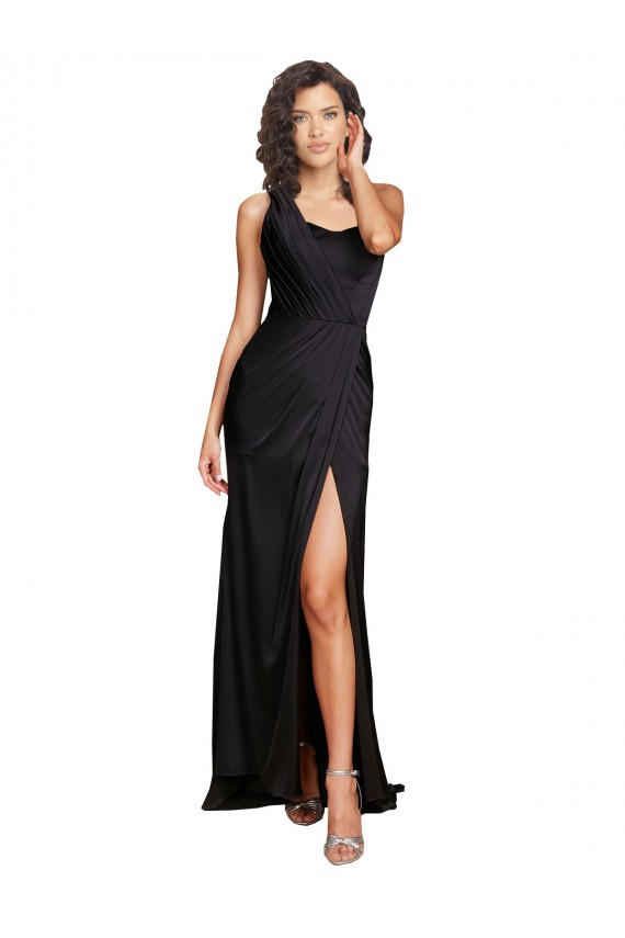 Full Length One Shoulder Ruffled Long Silky Satin Prom Dress with High Slit UK for Sale