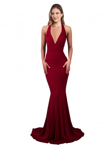 Halter Mermaid Plunge V-Neckline Open Back Bow Tie Spandex Prom Dress UK for Sale