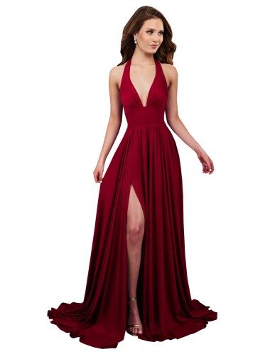 A-Line Halter Plunge V-Neckline Open Back Spandex Prom Dress with Slit UK for Sale