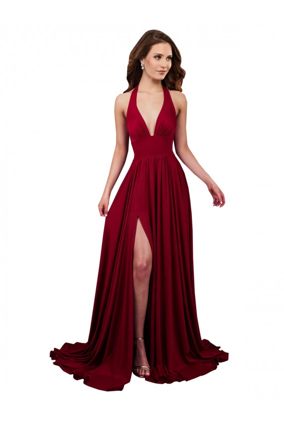 A-Line Halter Plunge V-Neckline Open Back Spandex Prom Dress with Slit UK for Sale