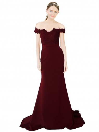 Full Length Off the Shoulder Formal Crepe Prom Dress with Lace On Bodice and Back UK for Sale