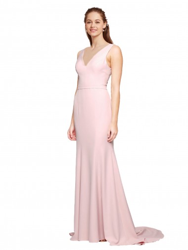 Deep V-Neckline and Back Long Sweep Train Crepe Prom Dress with Shoulder Straps UK for Sale