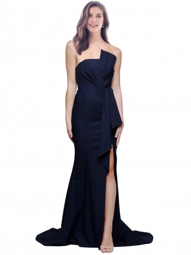 Long Strapless Sweep Train Low Back Crepe Prom Dress UK for Sale