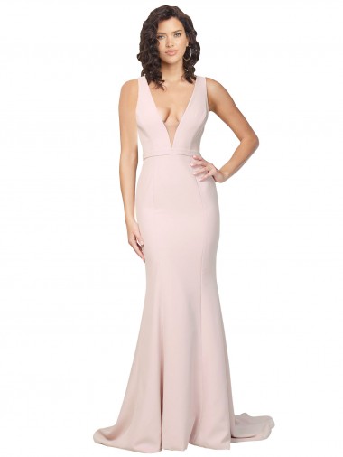 Deep Plunging V-Neckline Full Length Crepe Prom Dress with Deep V-Backline UK for Sale