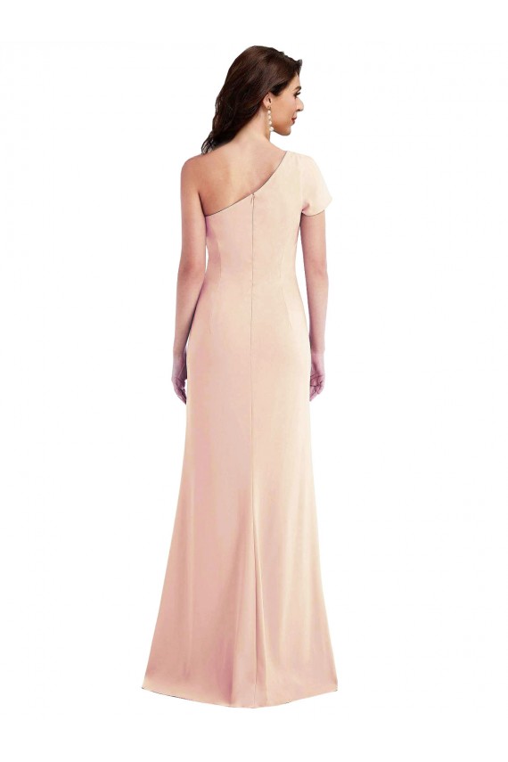 One Shoulder Cap Sleeves Trumpet Crepe Prom Dress with Front Slit UK for Sale