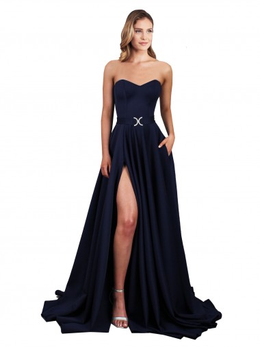 Sweetheart Neckline Low Back Long Crepe Prom Dress with High Leg Spit & Pockets UK for Sale