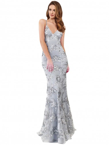 Silver V-Neckline Backless Floral Patterned Sequin Prom Dress UK for Sale