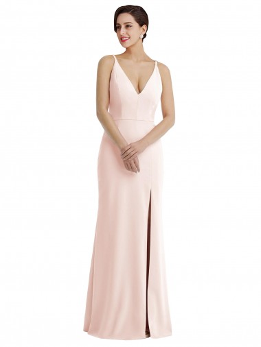 Skinny Strap Deep V-Neck Trumpet Crepe Prom Dress with Front Slit UK for Sale