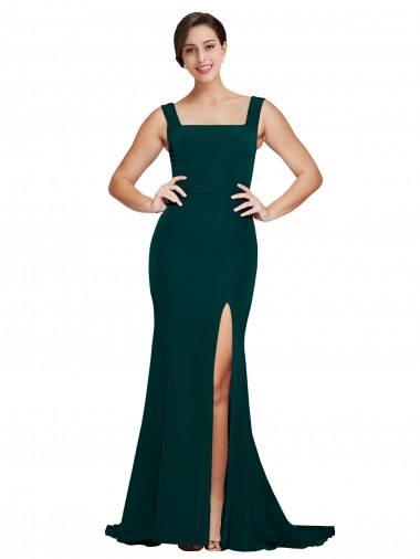 Fitted Square Neck Long Crepe Prom Dress with Train and Side Split UK for Sale