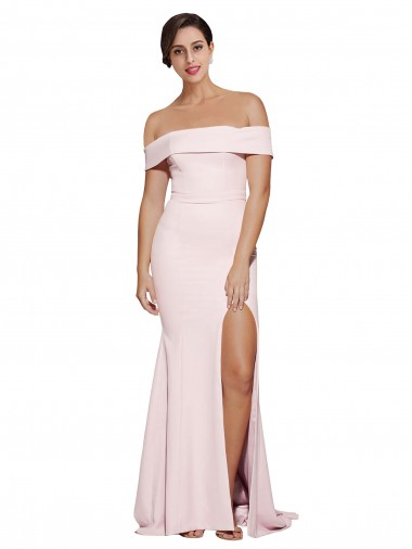 Off Shoulder Long Crepe Prom Dress with Straight Neckline and Side Split UK for Sale