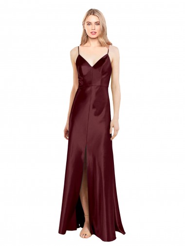 Sleek Spaghetti Straps V-Neck Stretch Satin Prom Dress with Center Front Slit UK for Sale