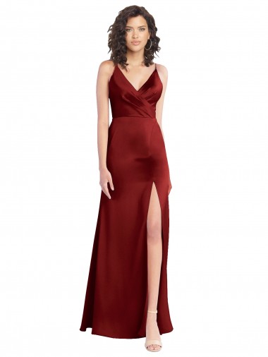 Faux Surplice Neckline Long Slim A-Line Stretch Satin Prom Dress UK for Sale