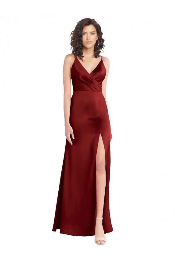 Faux Surplice Neckline Long Slim A-Line Stretch Satin Prom Dress UK for Sale