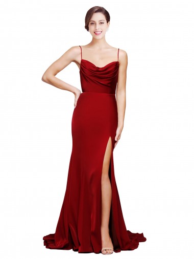 Cowl Front Neck Sweep Train Stretch Satin Prom Dress with High Side Split UK for Sale