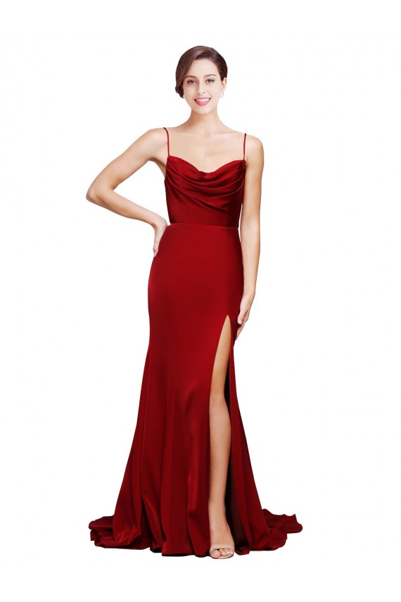 Cowl Front Neck Sweep Train Stretch Satin Prom Dress with High Side Split UK for Sale